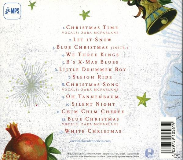 Album-Rückseite mit einer Liste von Weihnachtsliedern und einem dekorativen Hintergrund.