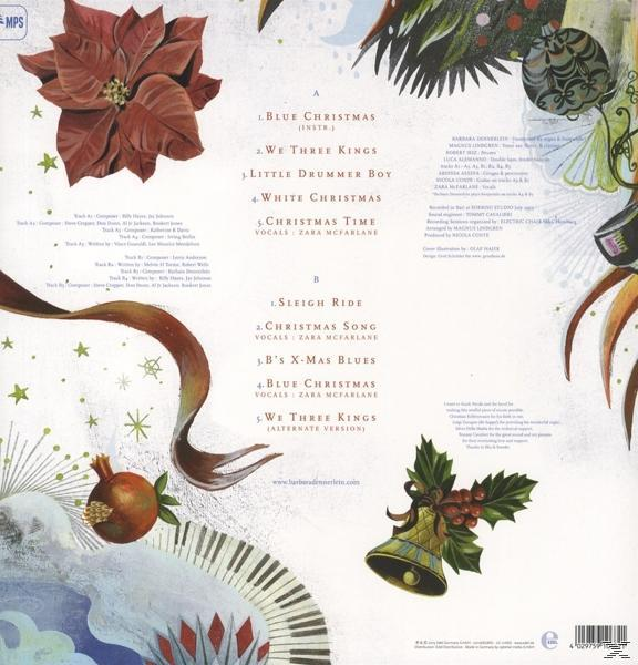 Rückseite eines Albumcovers mit Text und Illustrationen, darunter weihnachtliche Bilder und ein Klavier.