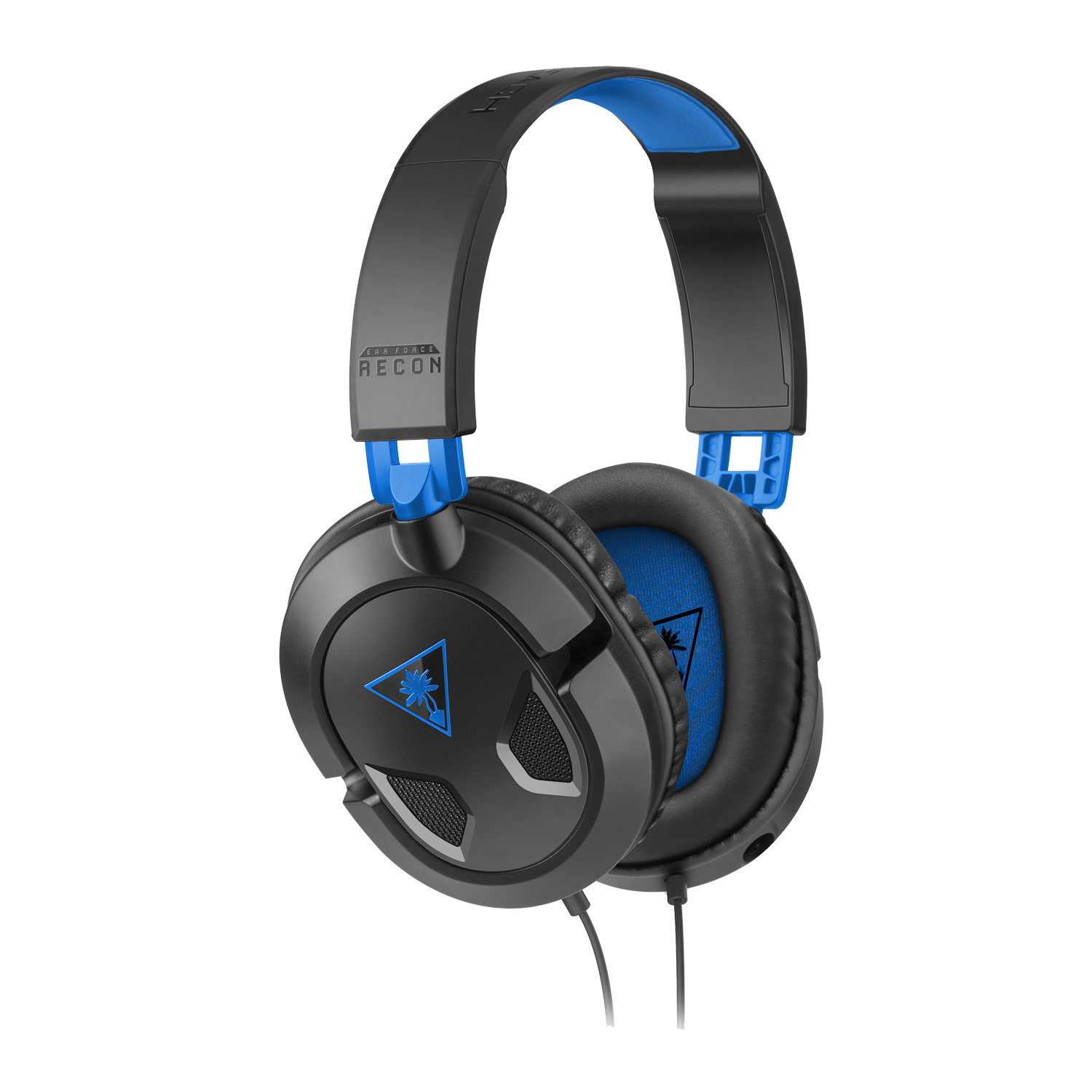 Zwarte en blauwe Turtle Beach Recon gaming headset, met een heldere zwarte achtergrond.