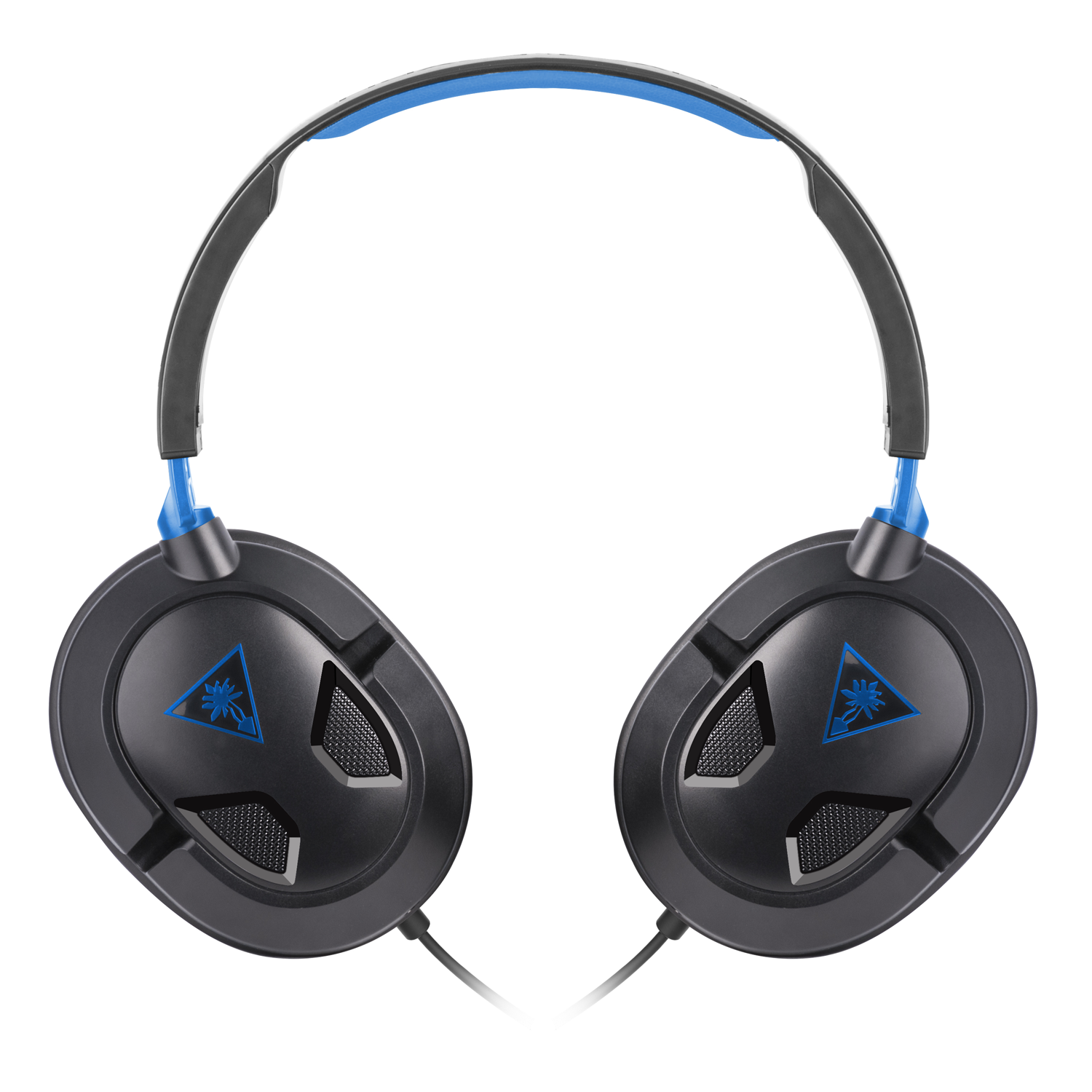 Zwarte en blauwe gamingheadset tegen een witte achtergrond. De headset staat centraal en in focus.