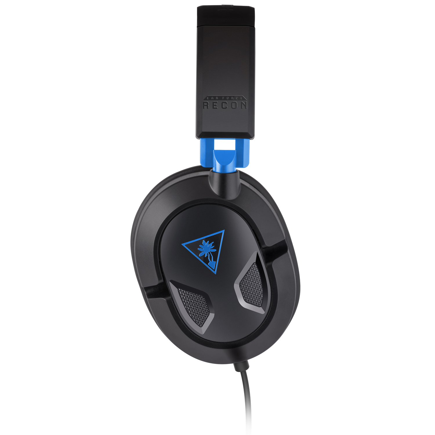 Zwarte en blauwe Turtle Beach Recon gaming headset. De headset heeft een microfoon en een blauw logo.