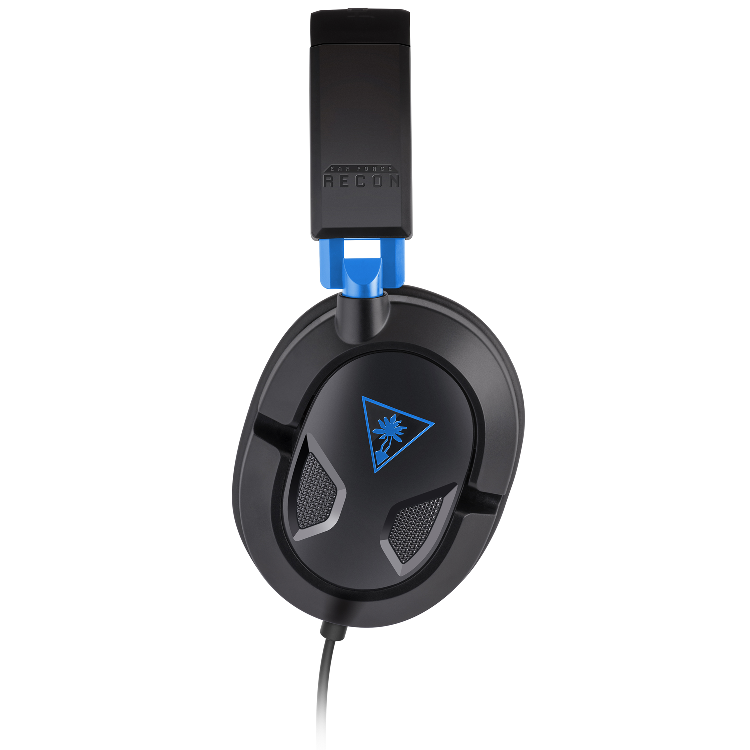 Zwarte Turtle Beach Recon gaming headset met blauwe accenten, geïsoleerd op wit.