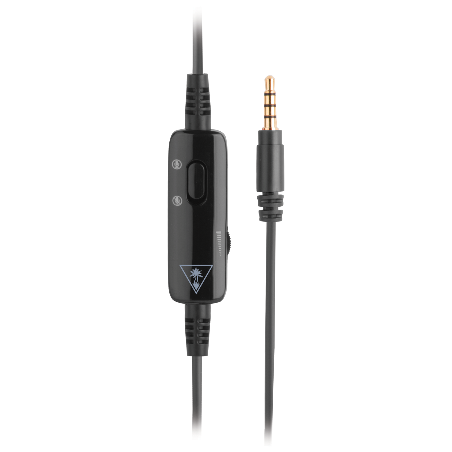 Zwarte audiokabel met bedieningselementen en een goudkleurige connector.