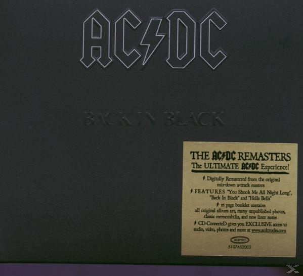 Pochette de l'album AC/DC "Back in Black", fond noir, autocollant jaune avec texte.