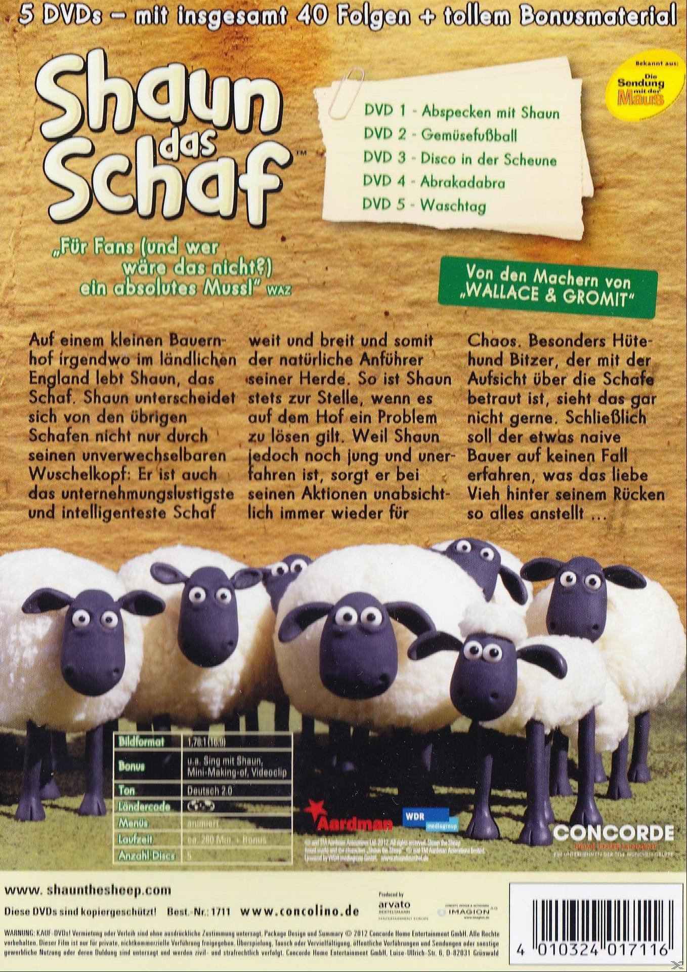 DVD-Cover des Zeichentrickfilms. Titel: Shaun das Schaf. Illustration von Schafen und einem Hintergrund.