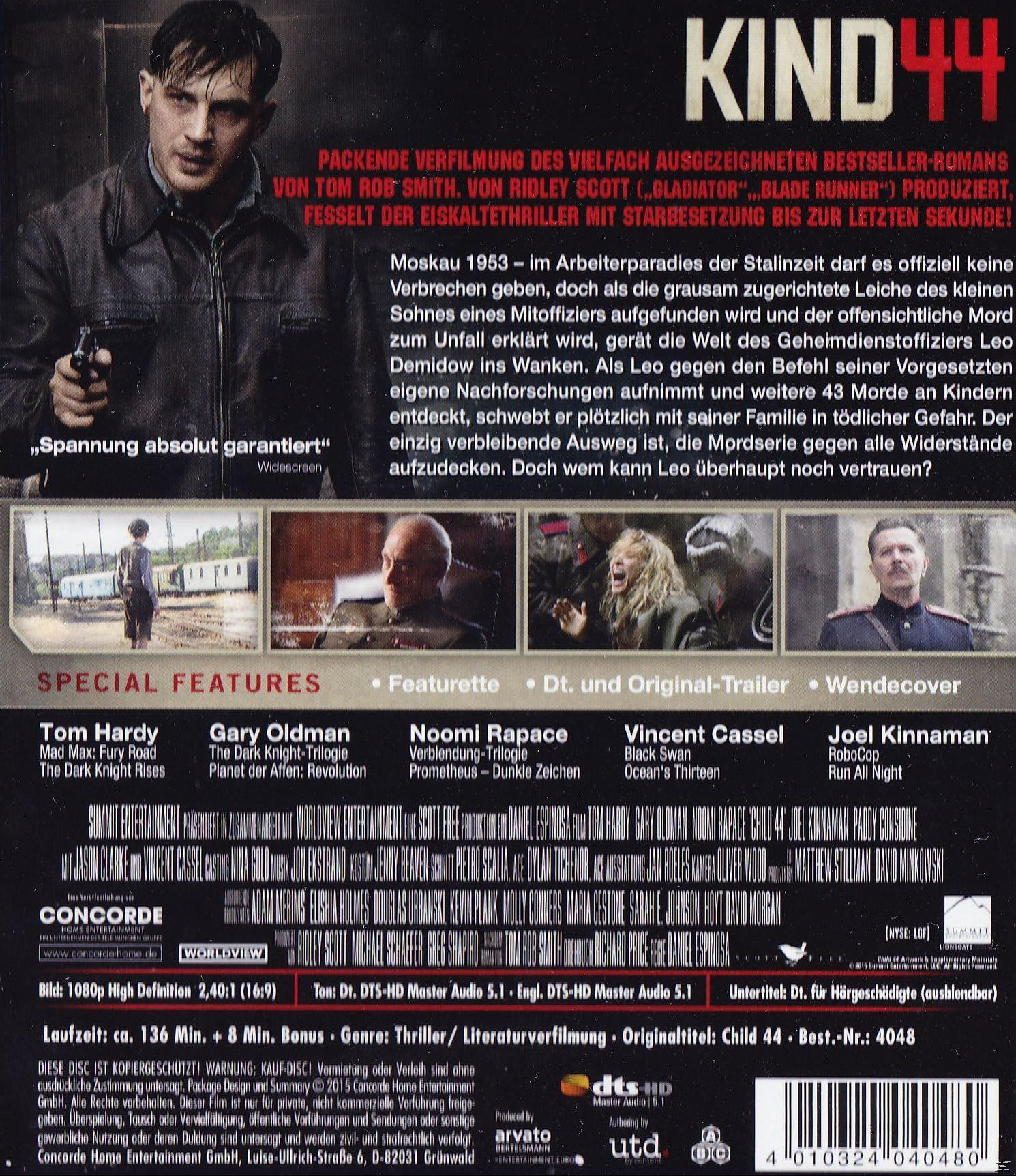 DVD-Cover. Tom Hardy in einer Szene, mit Text 'Kind 44'. Enthält Informationen zu Besetzung und Extras.