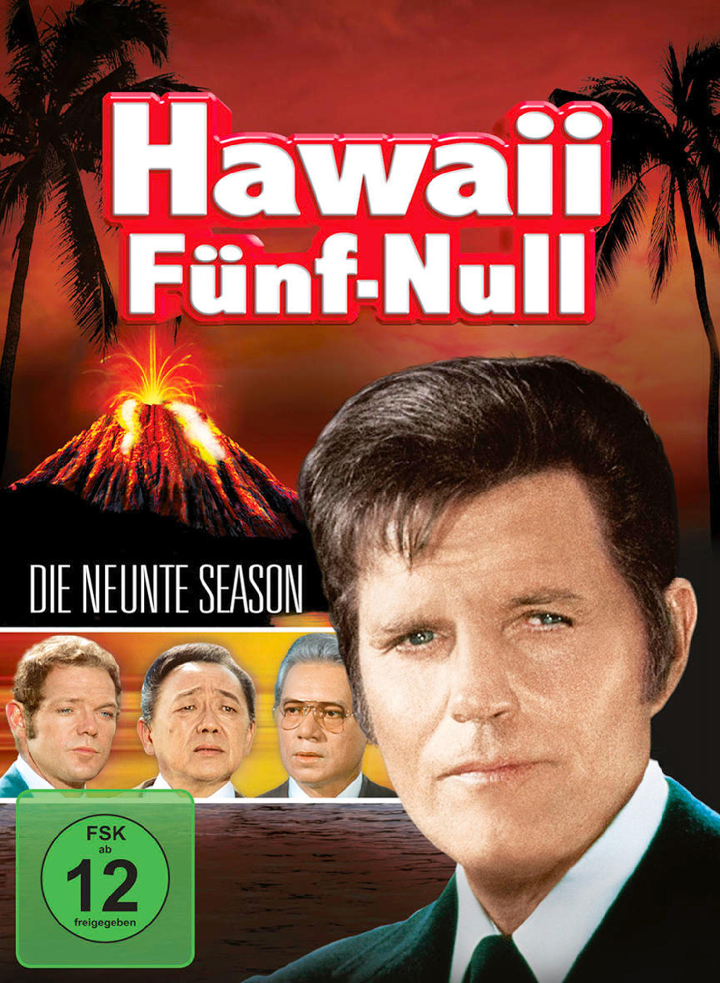DVD-Cover für 'Hawaii Five-0', mit einem Vulkan und vier Schauspielern.