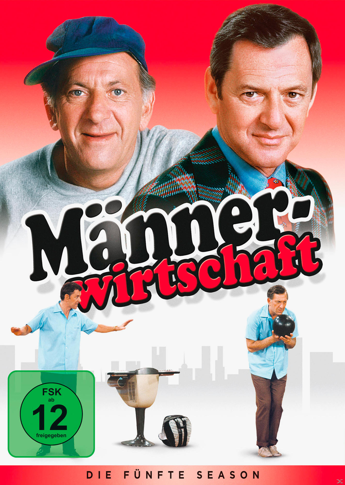 DVD-Cover: Zwei Männer lächeln, Titel 'Männerwirtschaft', Bilder von Männern beim Bowling und Grillen.