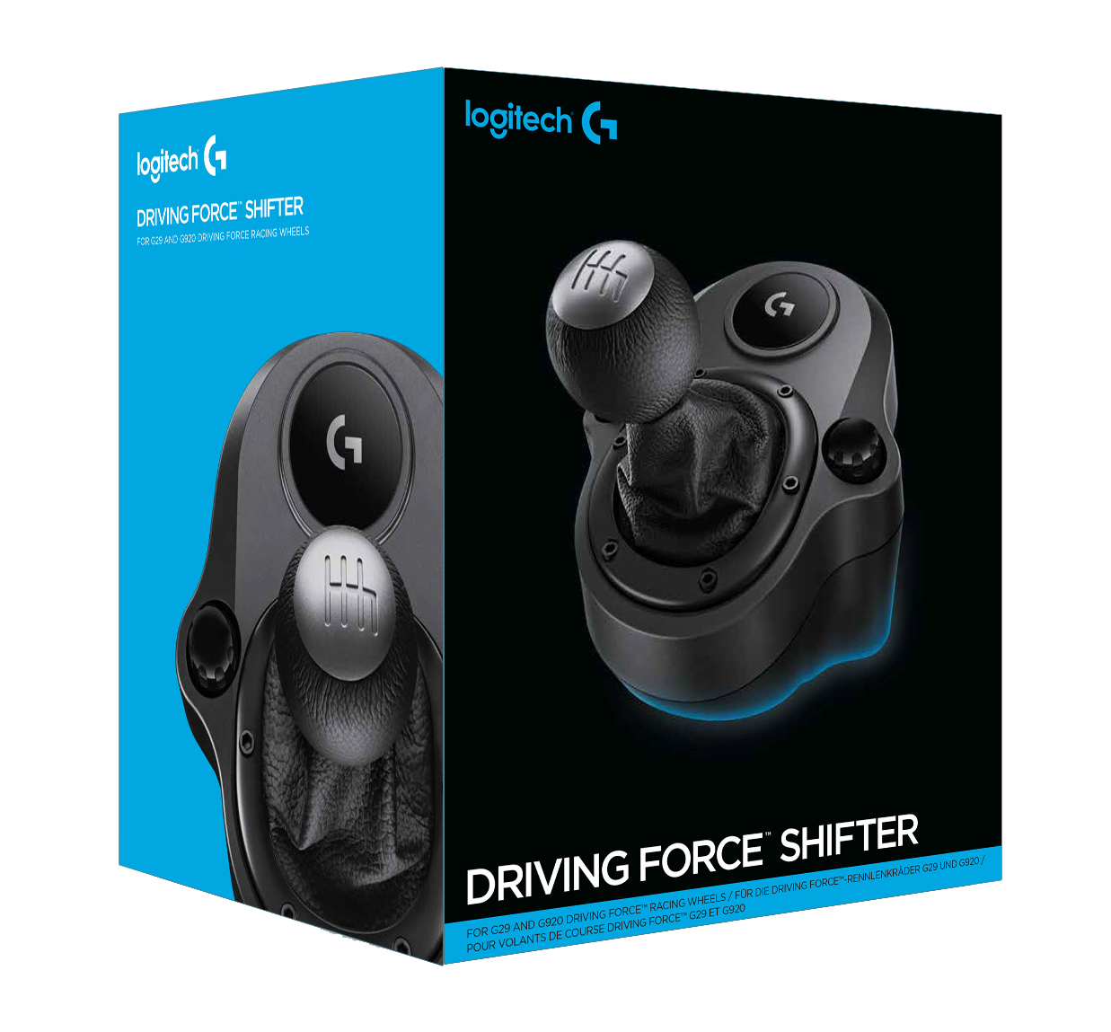 Logitech Driving Force shifter box, zwart en blauw. Afbeelding toont de shifter in de doos en een geïsoleerde weergave.