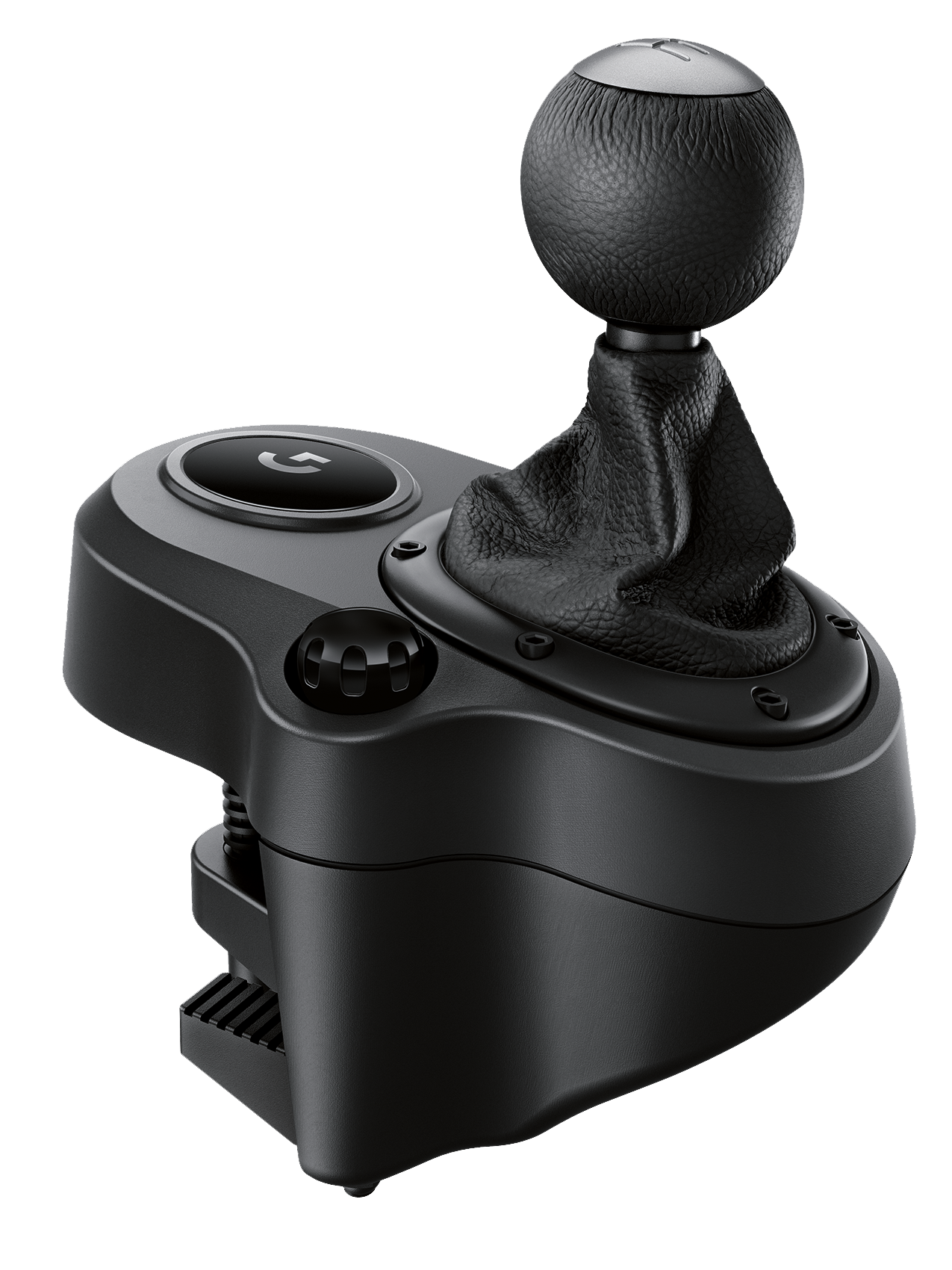 Zwarte Logitech versnellingspook. Een zwarte knop en een lederen hoes. De basis is zwart.