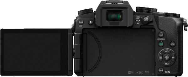 Fekete kamera nyitott képernyővel, a hátulját és a kijelző elemeit mutatva.