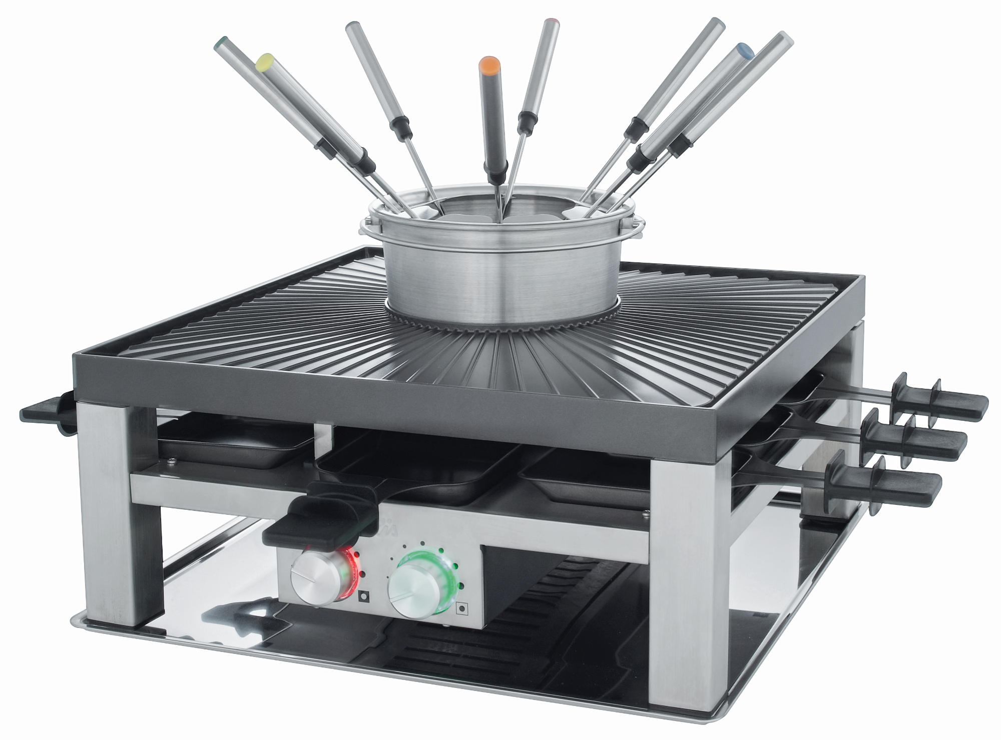 A stainless steel fondue set with a burner underneath and forks.