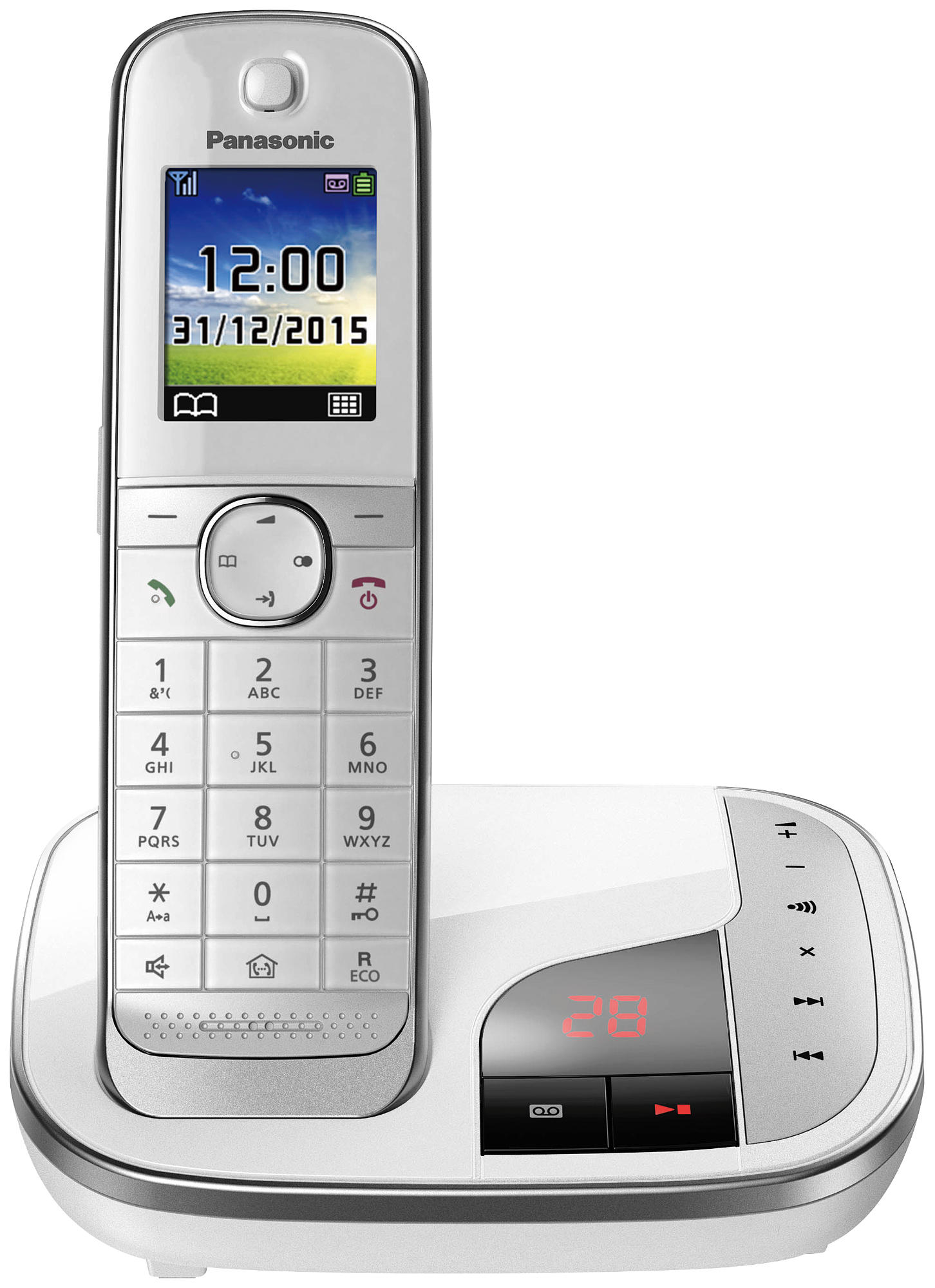 Ein weißes schnurloses Panasonic-Telefon steht auf seiner Basis. Das Telefon zeigt Uhrzeit und Datum an. Die Basis hat Knöpfe und einen Bildschirm.