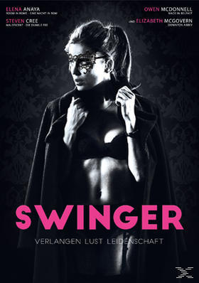Filmposter mit einer Frau mit Maske, schwarzem Mantel und dem Titel 'Swinger'.