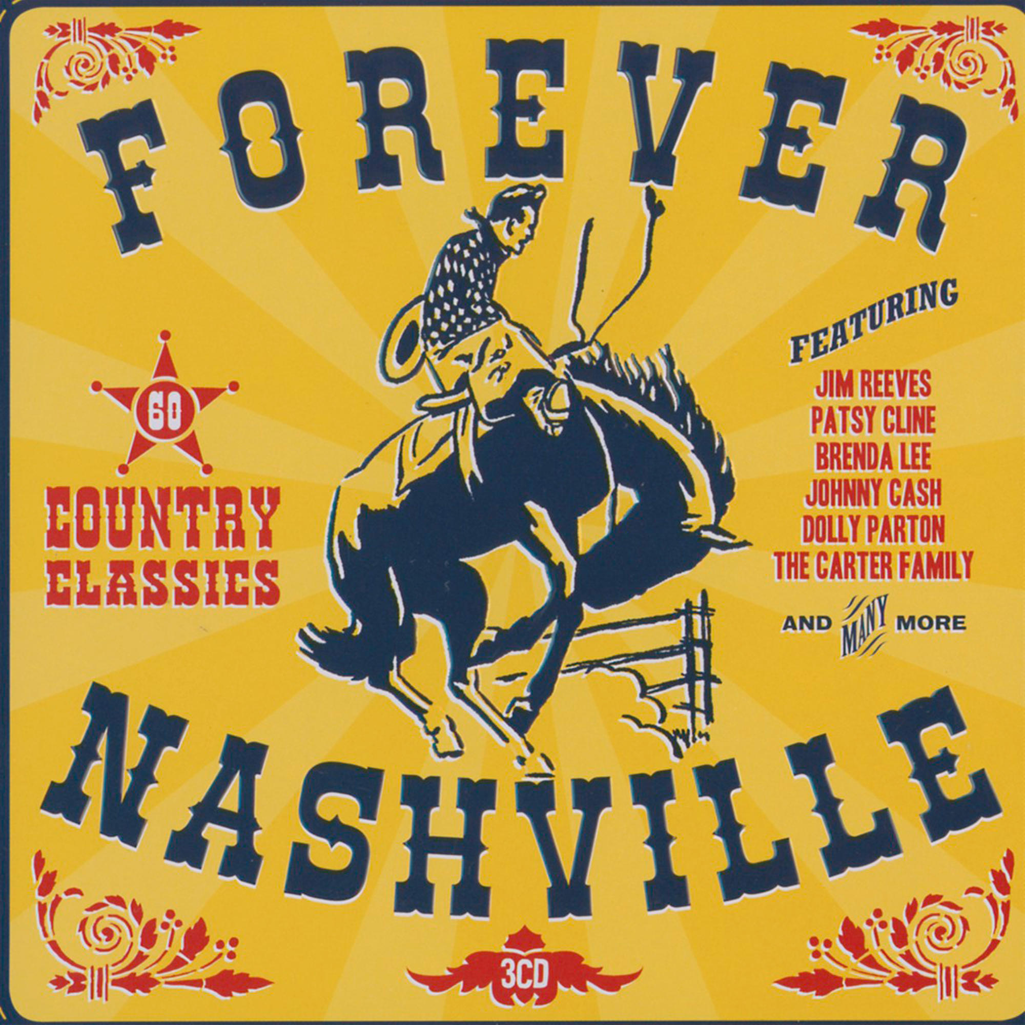 Albumcover mit dem Titel 'Forever Nashville', einem Cowboy auf einem Pferd und verschiedenen Künstlern.