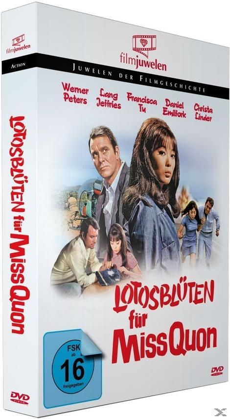 DVD-Box-Art: Ein Filmplakat mit Schauspielern, Titel 'Lotosblüten für Miss Quon' und Bewertung.