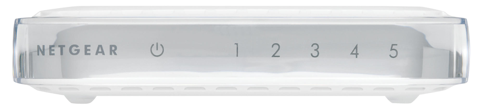 Ein weißer NETGEAR-Netzwerk-Switch mit fünf nummerierten Anschlüssen und einem Ein-/Ausschalter, Frontansicht.