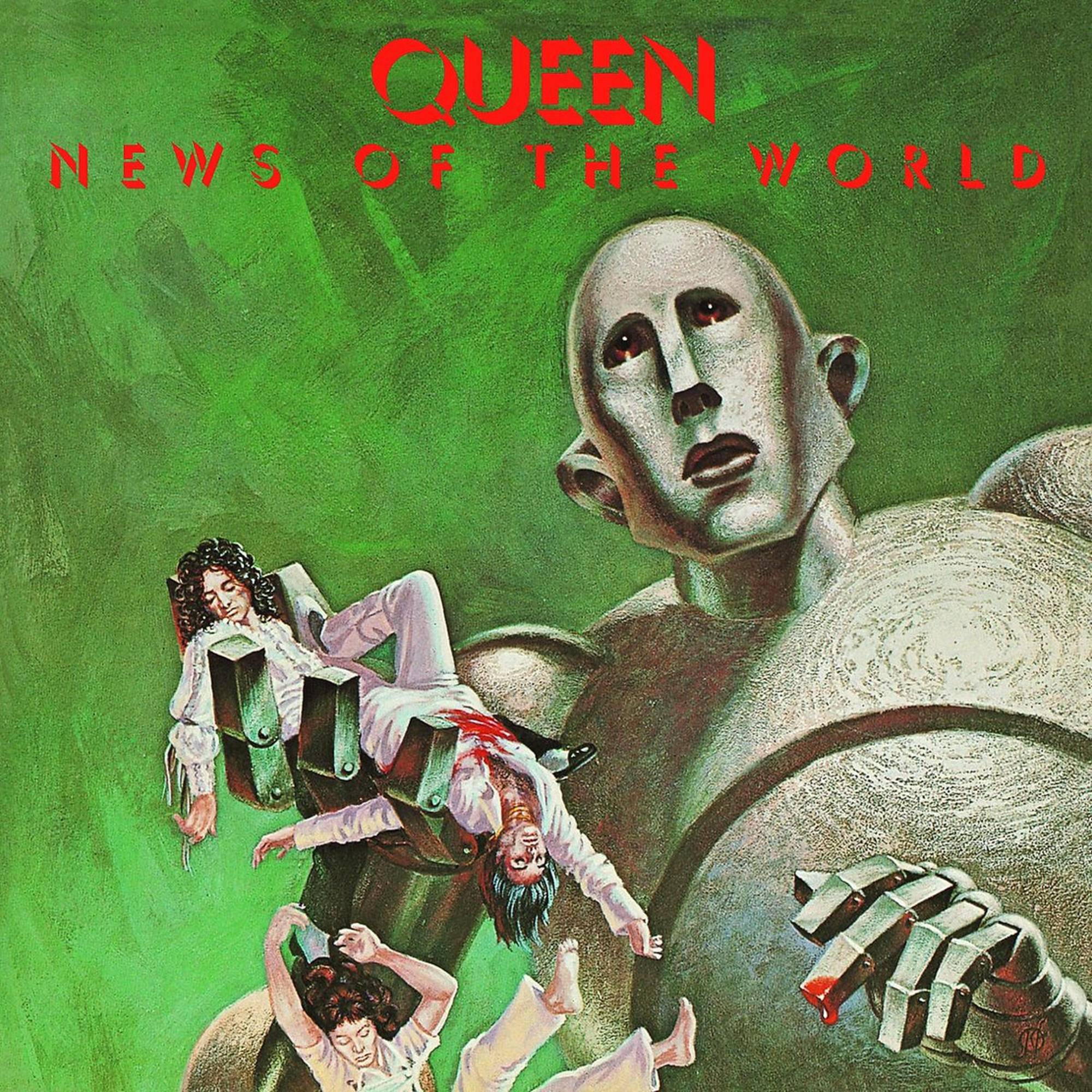 Albumcover für Queens "News of the World". Enthält einen riesigen Roboter und Menschen.