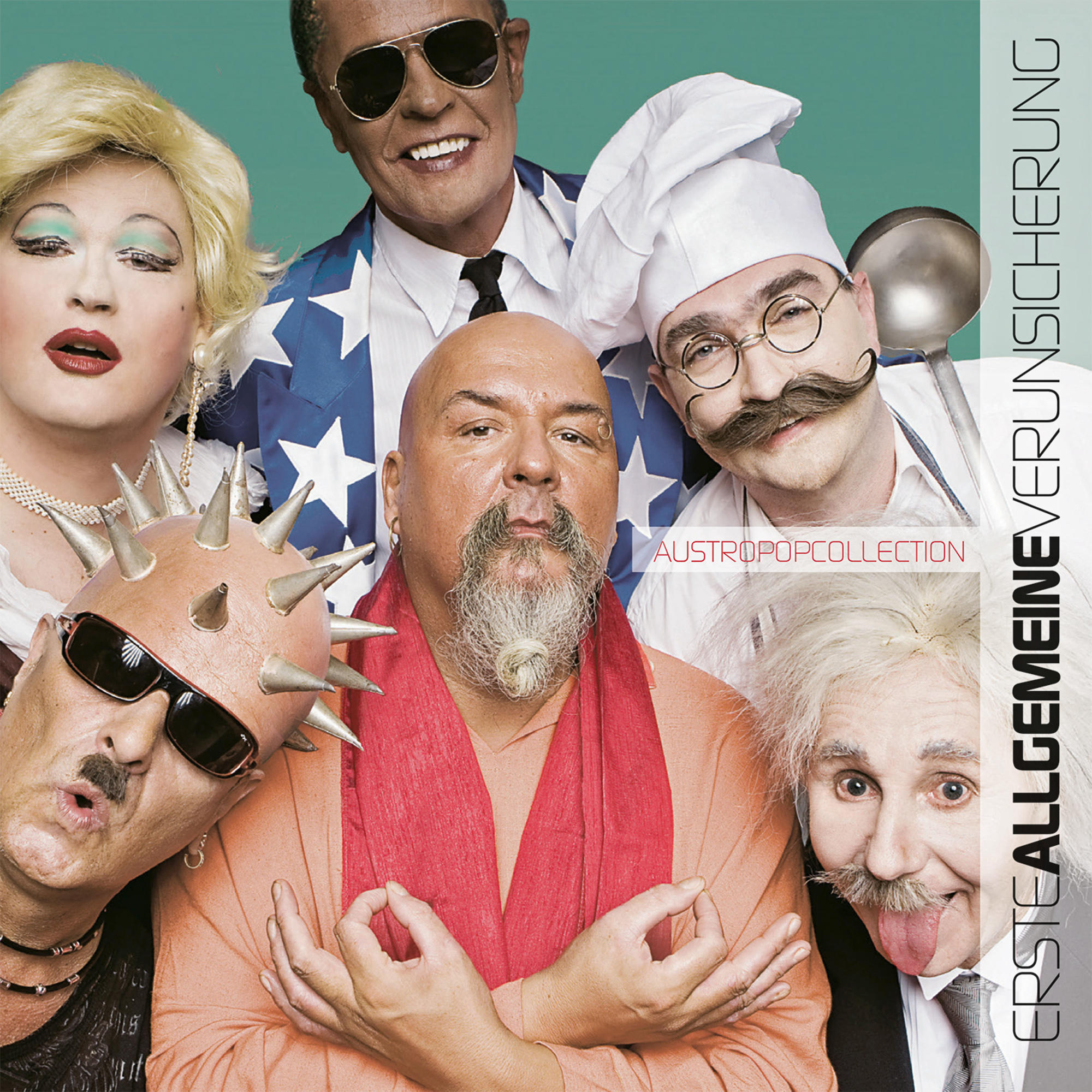 Albumcover: Gruppe von Leuten in Kostümen, darunter ein Koch, eine Dragqueen und ein Mann mit Sonnenbrille.