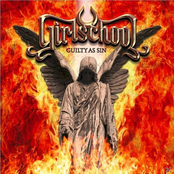 Albumcover von Girlschool 'Guilty As Sin' mit Statue mit Flügeln, umgeben von Flammen.