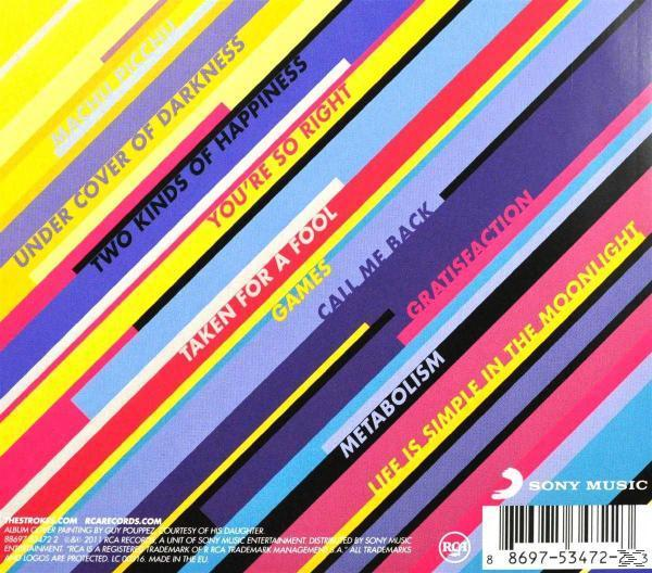CD-Cover mit bunten diagonalen Streifen und Text, darunter Songtitel und das Sony Music-Logo.