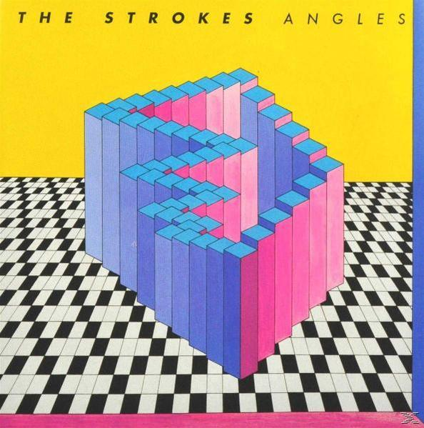 Albumcover mit geometrischem Design in Blau, Rosa und Weiß und gelb-schwarzem Hintergrund.