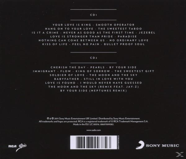 Egy Sade CD tok hátulja, két CD számlistájával és szerzői jogi információkkal.
