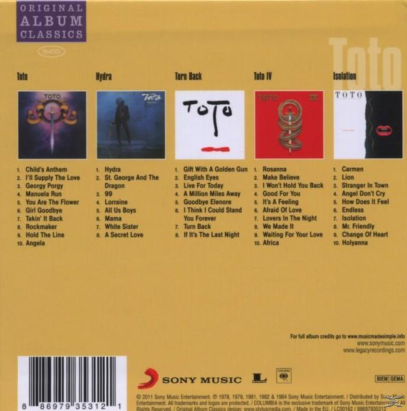 Albumcover mit Titelliste. Toto-Alben von links nach rechts.