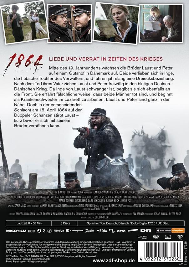 DVD-Cover des Films '1864', mit Bildern von Schauspielern, einer Kriegsszene und Text in mehreren Sprachen.