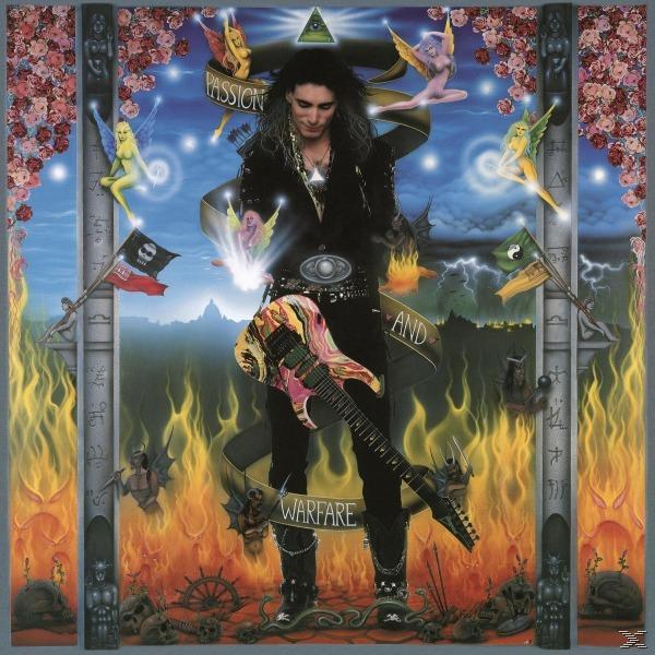 Albumcover mit einem Mann, der eine Gitarre hält, umgeben von Fantasy-Elementen und Feuer.