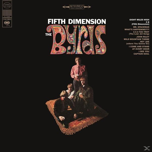 Album borító: The Byrds, zenekari fotó, pszichedelikus betűtípus, fekete háttér és Columbia logó.