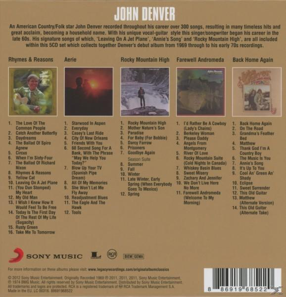 John Denver Albumcover mit Songtiteln. Brauner Hintergrund, Fotos von Denver, Albumcover. Text in Weiß und Gold.