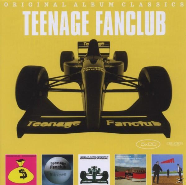 Albumcover für 'Teenage Fanclub', ein schwarzes Rennauto auf gelbem Grund.