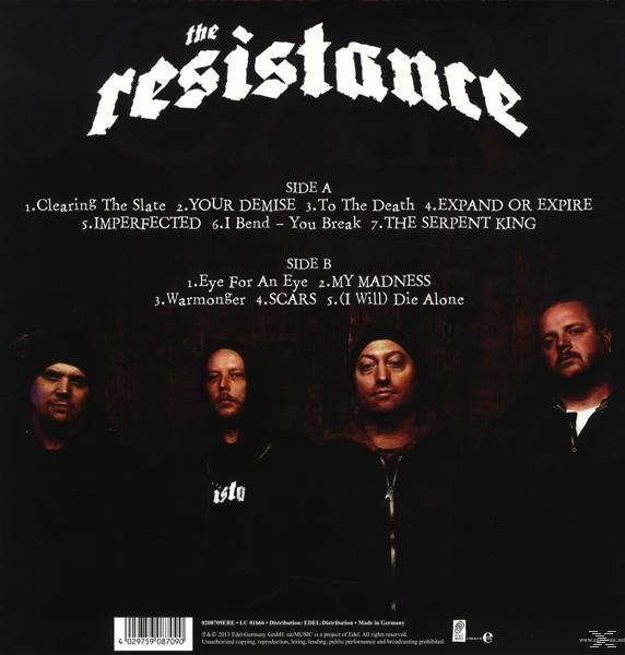 A 'The Resistance' album borítója. A zenekar tagjai alul. A dalcímek felül vannak felsorolva.