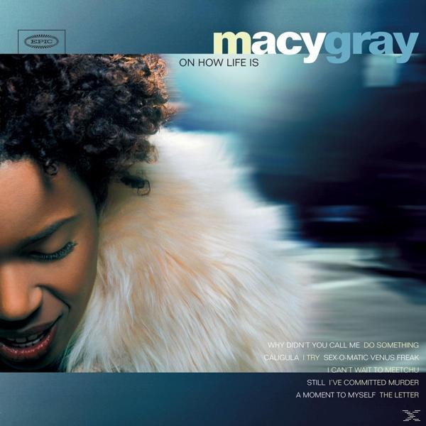 Macy Gray On How Life Is című albumának borítója. Macy Gray profilból látható, bolyhos fehér szőrme gallérral.