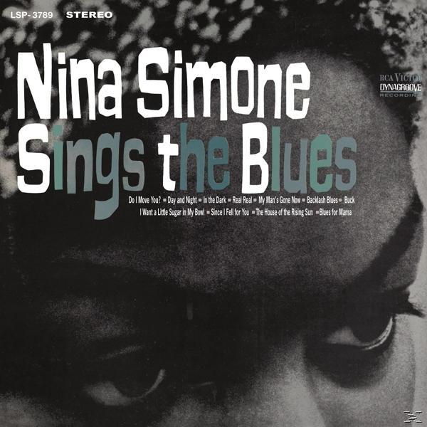 Nina Simone Sings the Blues albumának borítója. Fekete-fehérben látható az arca, a címek fehér betűtípussal.