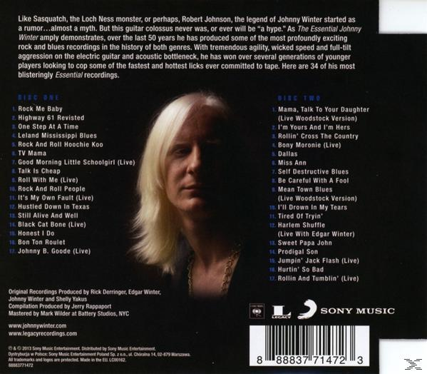 CD-Cover mit Johnny Winter Porträt. Text mit Songdetails und Credits, Sony Music Logo und Barcode.