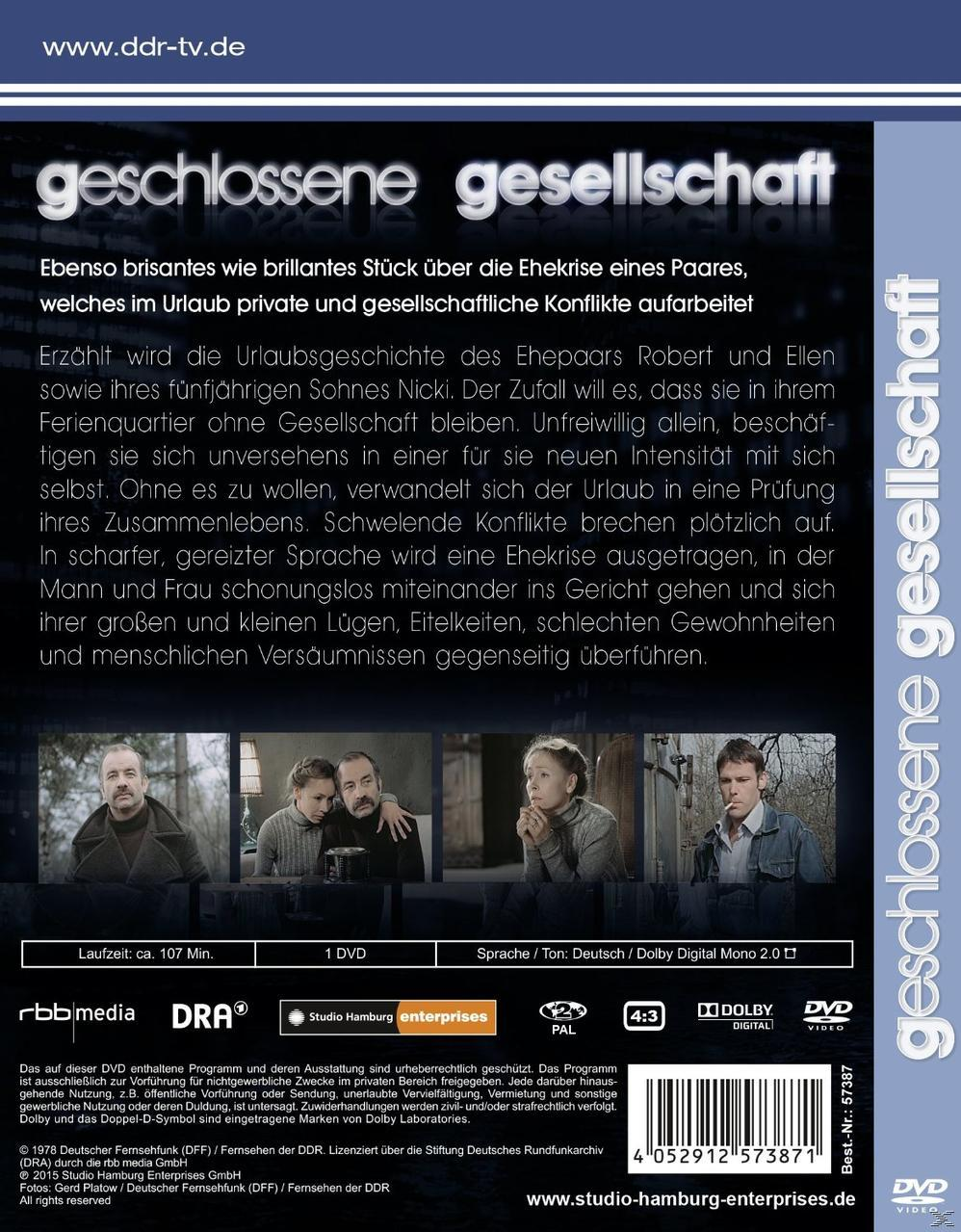 DVD-Hülle mit dem Titel 'Geschlossene Gesellschaft'. Enthält Filmbilder und Text auf Deutsch. Enthält eine DVD.
