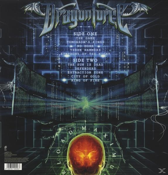 Dragonforce Album-Rückseite. Titelliste, Text und eine leuchtende Kopfillustration.