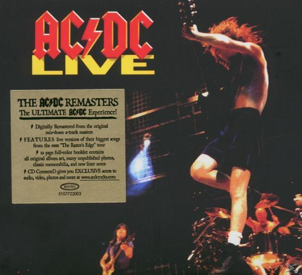 AC/DC Live-Albumcover. Bandmitglieder auf der Bühne, live performend. Viel Action.