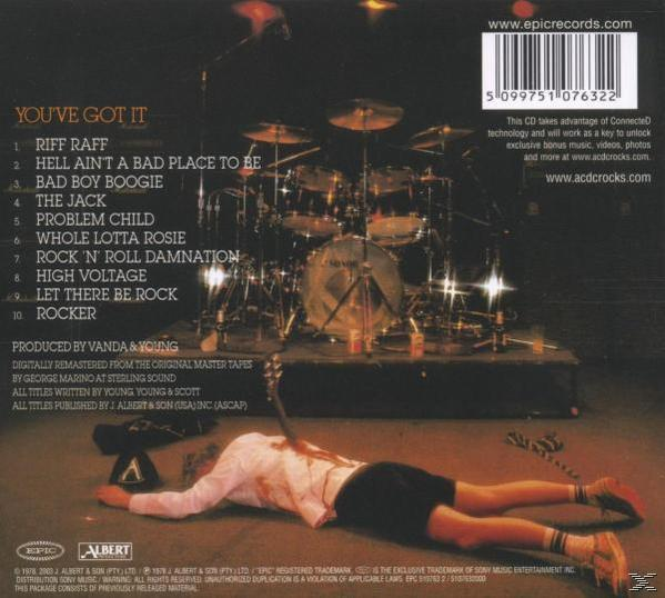 Rückseite des AC/DC-Albums 'You've Got It'. Enthält Trackliste, Bandmitglieder und eine Bühne.