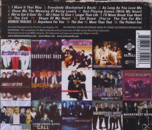 Backstreet Boys Album-Rückseite, mehrere Bilder der Band, Titelliste und Text.