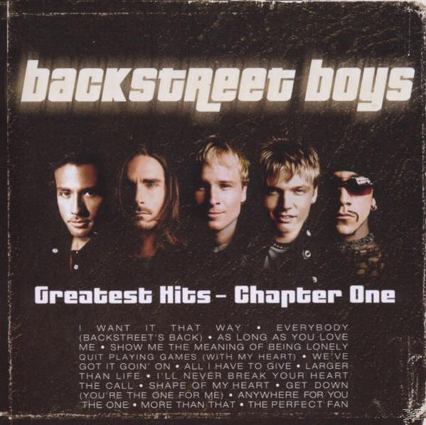 Backstreet Boys Albumcover: fünf Männer, schwarzer Hintergrund, weißer Text, 'Greatest Hits'.