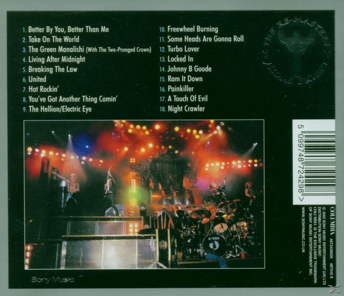 Judas Priest Album-Rückseite. Bühnenperformance-Foto und Titelliste. Schwarz und weiß.
