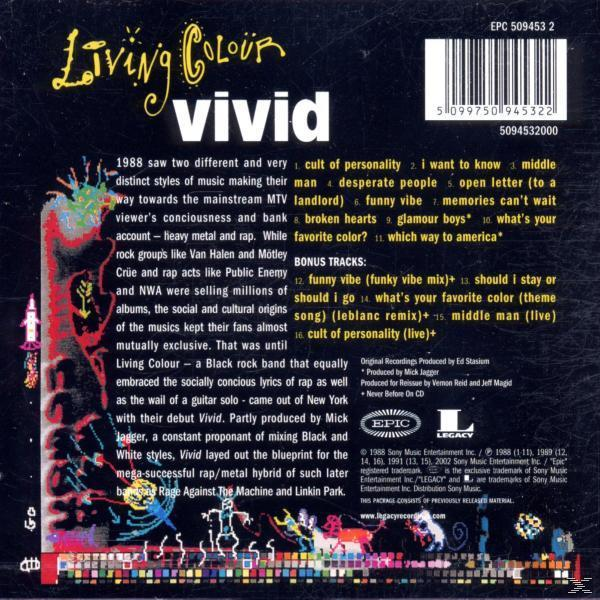 Rückseite des CD-Covers 'Living Colour Vivid'. Text und Logos auf schwarzem Hintergrund. Titelliste links.