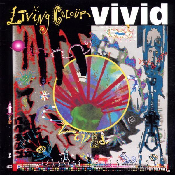 Albumcover: abstrakte Kunst, roter und grüner Kreis, schwarzer Hintergrund und Bandname "Living Colour".