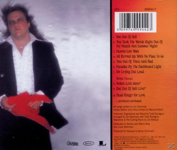 Albumcover mit einem Mann, Text und einer Titelliste. Das Album heißt "Bat Out of Hell".