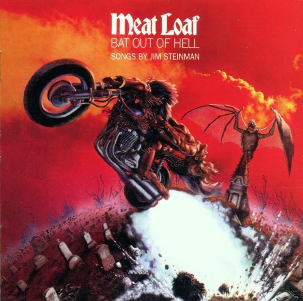Albumcover: Ein Motorradfahrer und eine fledermausartige Figur über einem Friedhof, roter Hintergrund.