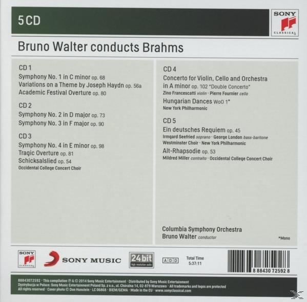 CD borító, melyen Bruno Walter Brahmsot vezényel. A kompozíciók és az orkeszter adatai láthatók.