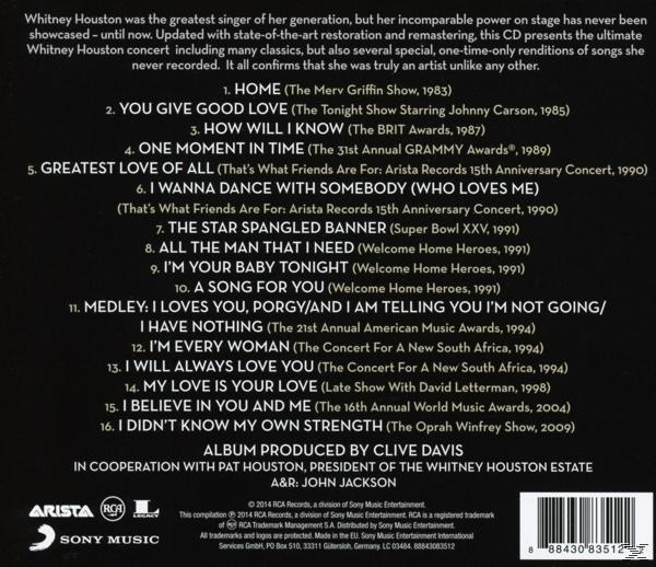 Album-Rückseite mit einer Liste von Whitney Houstons Songs und Informationen.